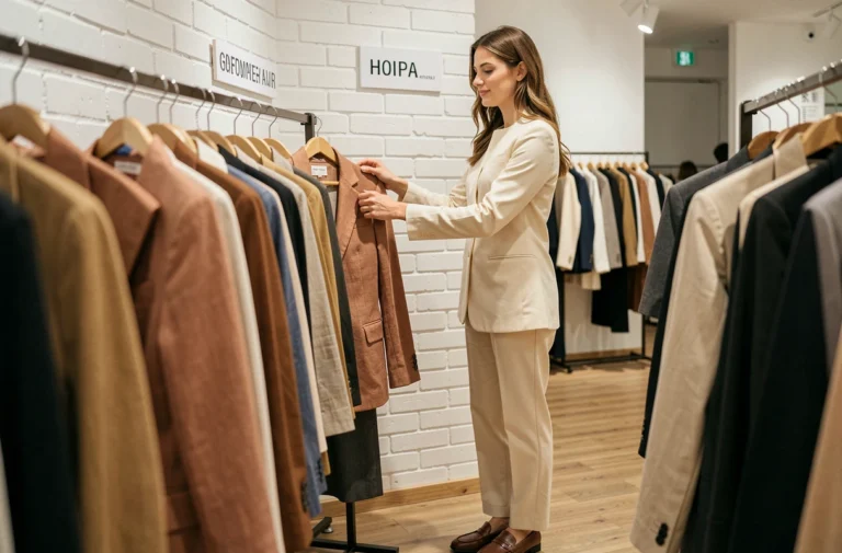 Jeune femme parcourant des vêtements dans une boutique de mode minimaliste, alternative élégante à Zara