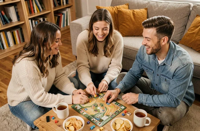 Groupe d'amis jouant à un jeu de société dans un salon cosy, représentant le partage et le plaisir des loisirs entre amis