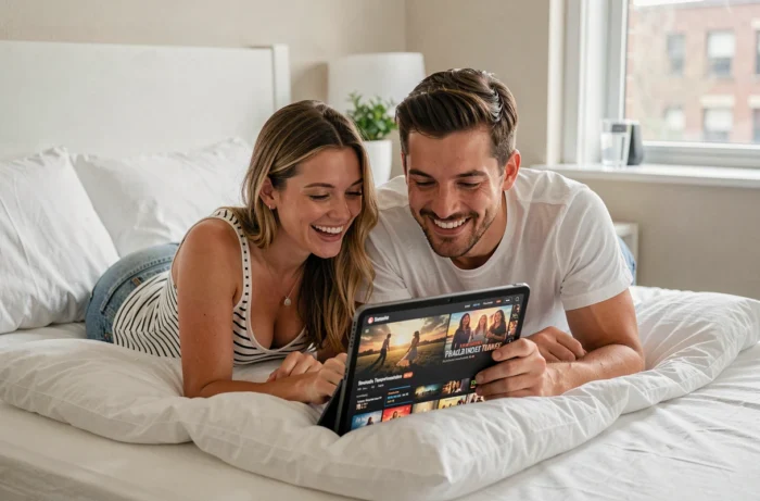 Deux amis regardant ensemble un film en streaming sur une tablette posée sur un lit