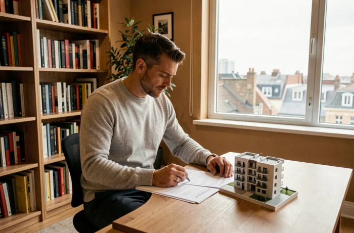 Homme analysant des documents d'investissement immobilier avec maquette d'immeuble dans un bureau moderne