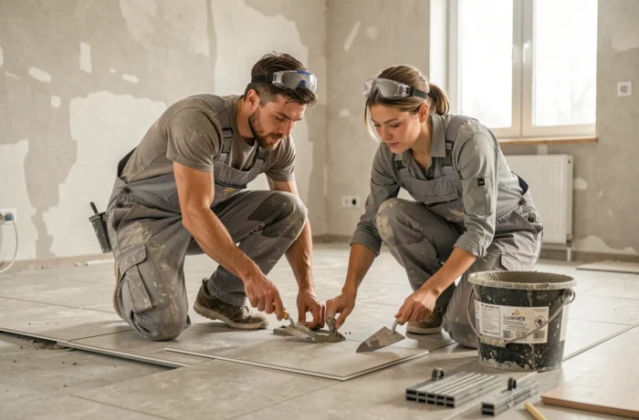 Deux artisans en salopette posant du carrelage en grès cérame dans un salon vide pendant des travaux de rénovation immobilière