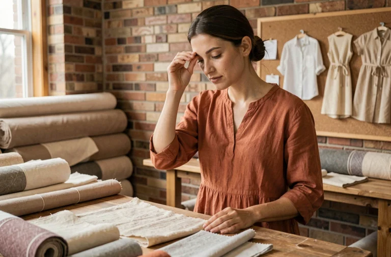Femme examinant des échantillons de tissu biologique dans un atelier de mode éthique artisanal