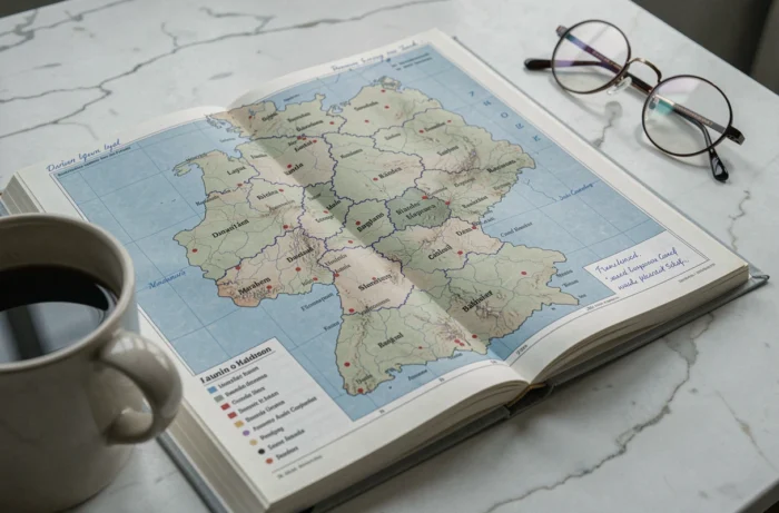 Atlas ouvert sur une carte des régions allemandes avec capitales marquées, posé sur un bureau en marbre