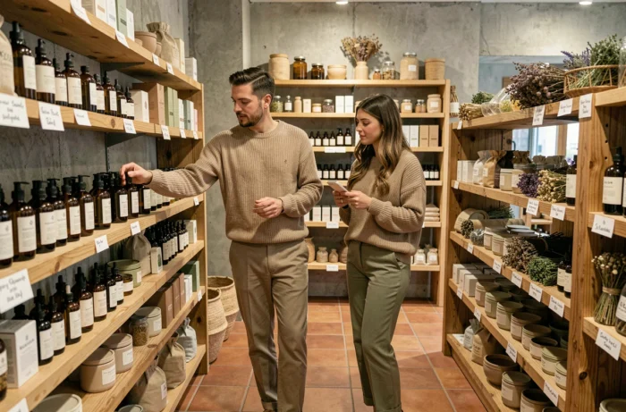 Couple découvrant les dernières tendances beauté naturelle dans une boutique bien-être aux étagères en bois et produits en verre ambré