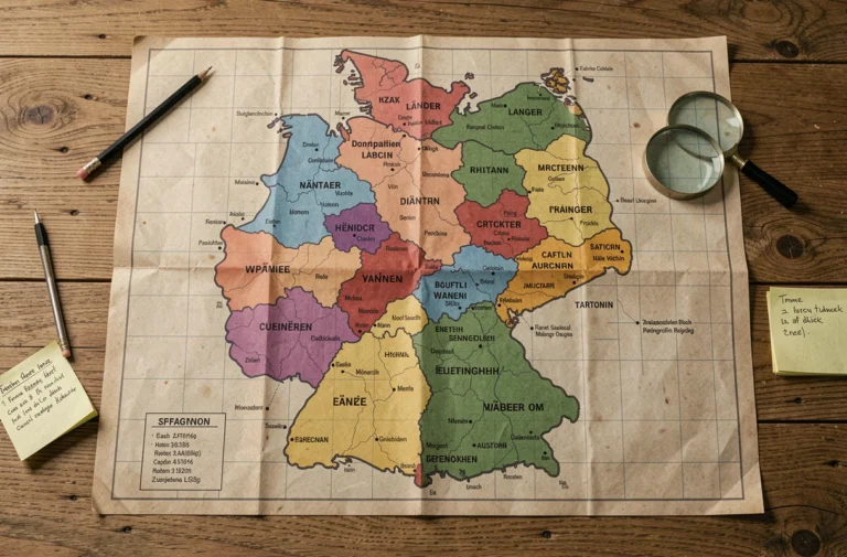 Carte politique détaillée des 16 Länder allemands étalée sur une table en bois, avec capitales et régions colorées