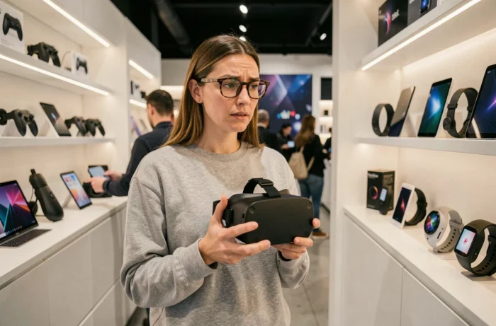 Femme découvrant un casque de réalité virtuelle dernière génération dans un magasin high-tech futuriste