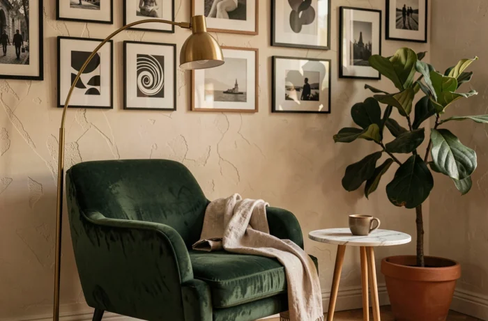 Coin salon décoré avec un fauteuil en velours vert, une table en marbre et un mur de cadres dans un intérieur chaleureux et stylé