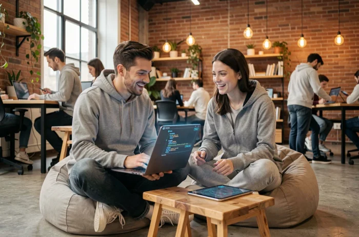 Jeunes développeurs geek collaborant sur un projet tech innovant dans un espace de coworking créatif