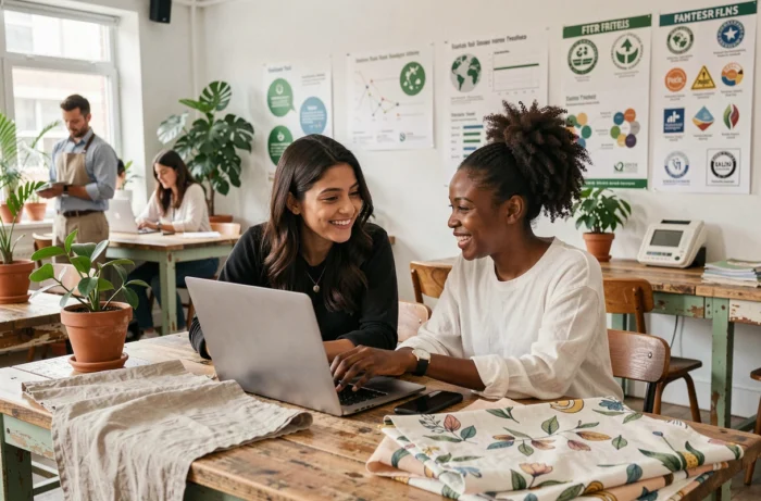 Deux femmes collaborant sur un projet de mode éthique dans un espace de travail dédié au commerce équitable