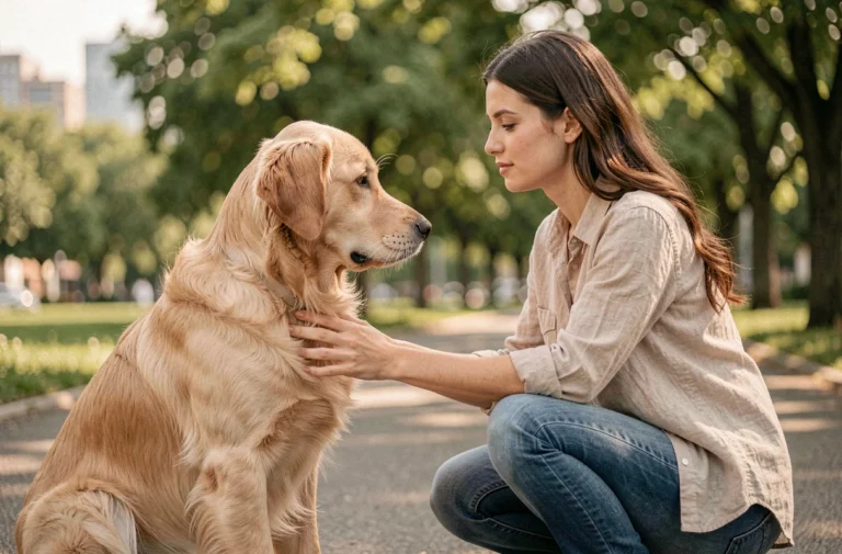 Femme communiquant avec son golden retriever dans un parc urbain, lien humain-animal et compréhension mutuelle