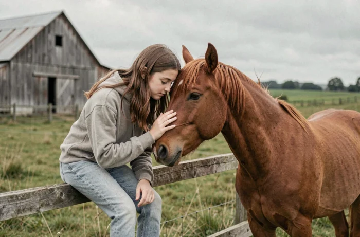 Jeune fille créant un lien de confiance avec un cheval en milieu rural, communication non verbale avec les animaux