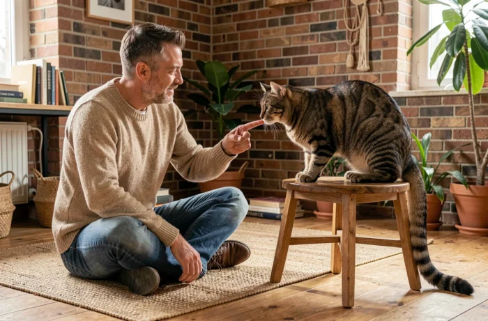 Homme interagissant avec son chat tabby en intérieur, apprentissage de la communication animale à la maison