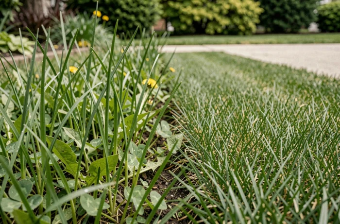 Comparaison entre gazon long avec mauvaises herbes et gazon tondu court montrant l'importance du moment d'application du traitement sélectif