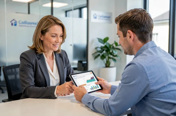 Conseillère immobilière présentant des biens et des conseils personnalisés à un client en agence