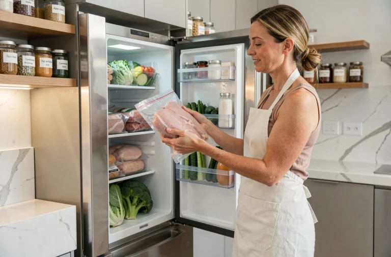 Femme rangeant des aliments sous vide dans un réfrigérateur moderne et bien organisé