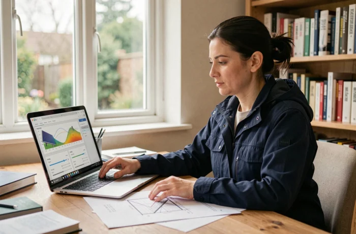 Femme consultante en énergie solaire analysant les données d'orientation de panneaux sur le logiciel PVGIS depuis un bureau à domicile