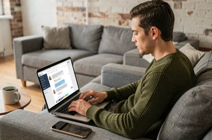 Jeune homme contactant un conseiller crédit en ligne via un chat depuis son salon