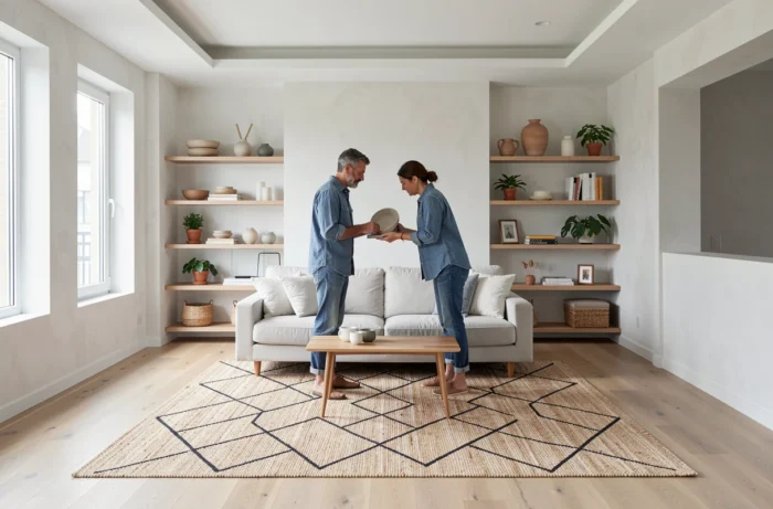 Couple aménageant un appartement au style scandinave minimaliste avec parquet en chêne clair et étagères décoratives ouvertes
