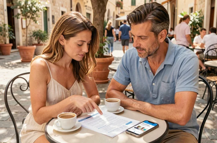 Couple de Français expatriés examinant leur contrat d'assurance santé internationale à la terrasse d'un café en Europe