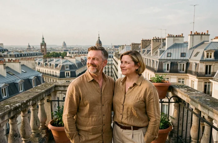 Couple d'investisseurs sur une terrasse parisienne contemplant le patrimoine immobilier urbain de la capitale