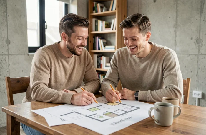 Couple étudiant des plans immobiliers et des documents de projet d'achat de maison à une table en bois