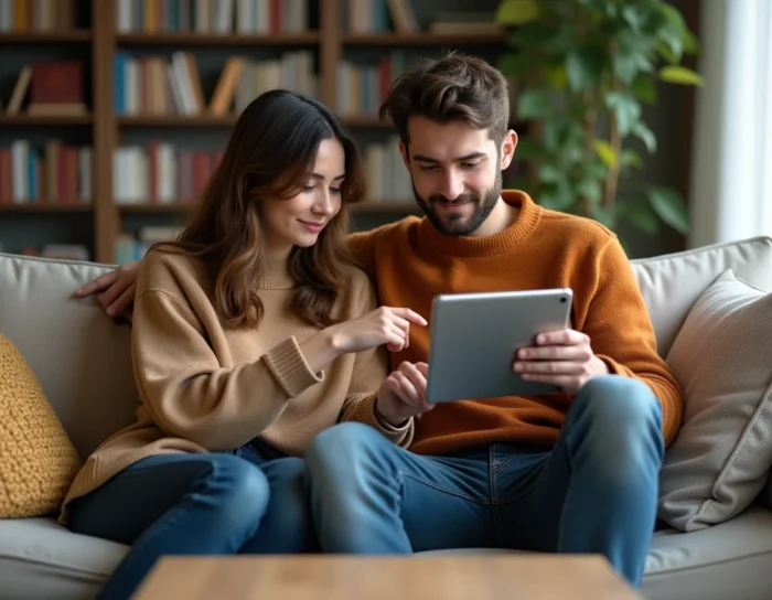 Couple cherchant leur voiture idéale ensemble sur une tablette dans leur salon