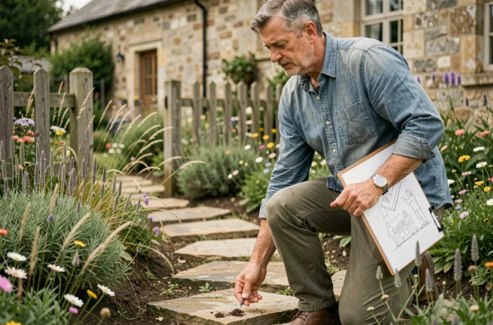 Homme aménageant une allée en pierres naturelles dans un jardin de cottage entouré de fleurs sauvages et d'herbes ornementales