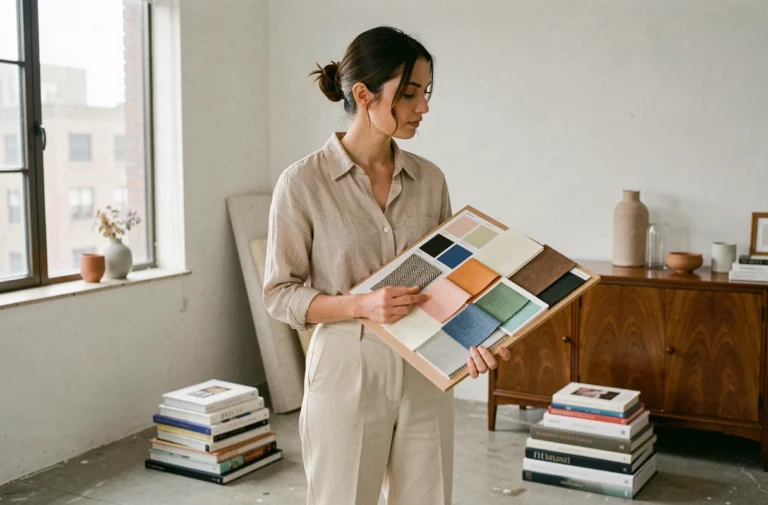 Femme décoratrice d'intérieur tenant un mood board avec des échantillons de tissu et de peinture dans un salon en cours d'aménagement