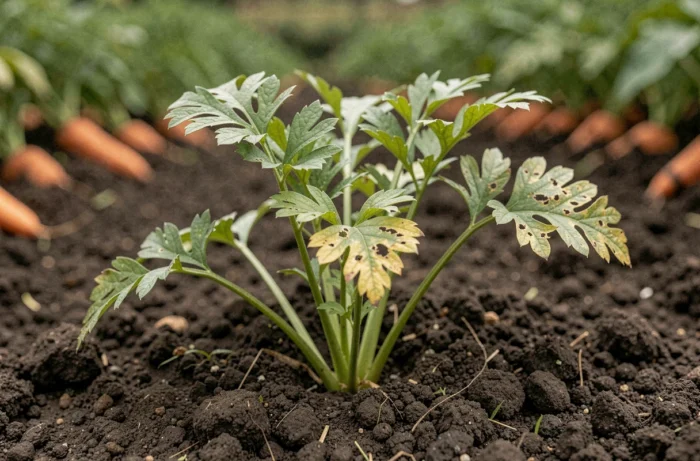 Feuilles de carottes endommagées par les larves de la mouche de la carotte dans un potager