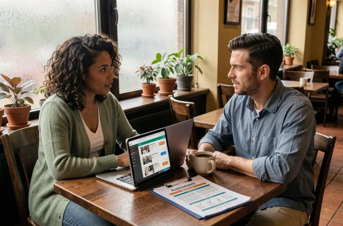 Deux professionnels discutant du choix d'une formation adaptée à leurs ambitions autour d'un ordinateur portable dans un café urbain