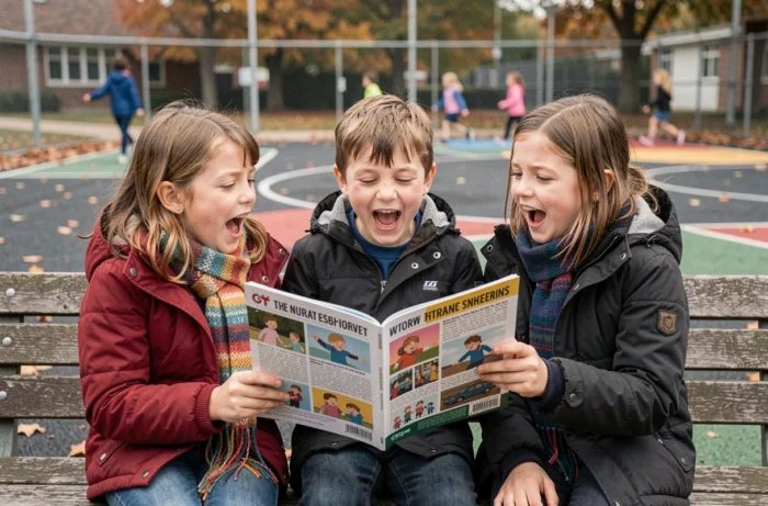 Groupe d'enfants partageant un magazine jeunesse dans une cour d'école en automne, expressions joyeuses et spontanées