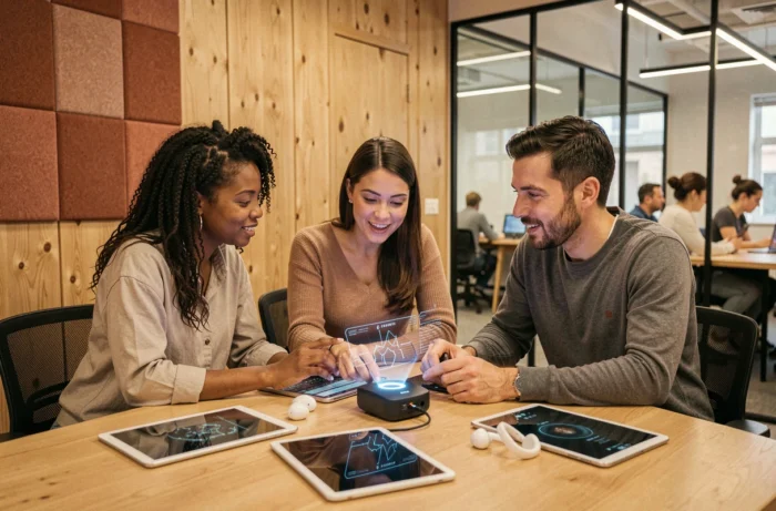 Équipe multiculturelle collaborant autour d'une interface en réalité augmentée dans un espace de coworking moderne