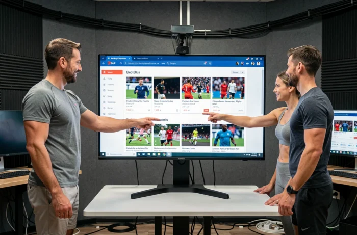 Équipe découvrant ensemble les différentes rubriques et pages du site ABC Sports sur un écran interactif en studio