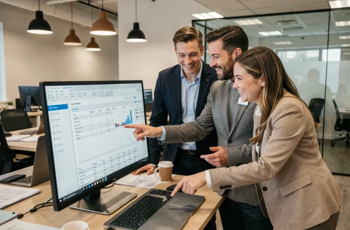 Groupe de collègues collaborant autour d'un écran partagé avec un tableur en ligne dans un bureau moderne, alternative à Excel