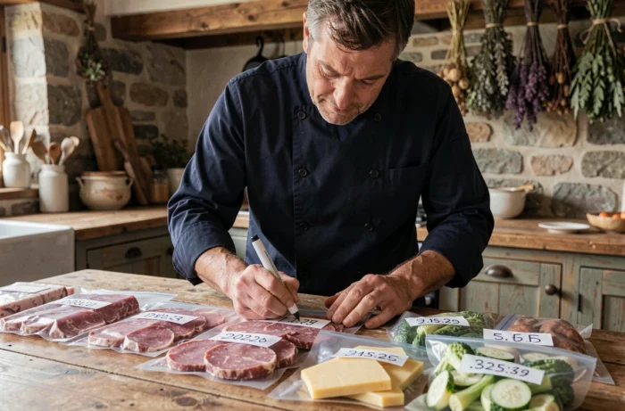 Homme étiquetant des sachets sous vide de viande et fromage dans une cuisine rustique