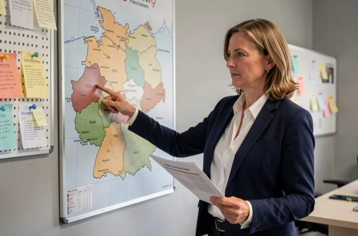 Femme professionnelle indiquant une région sur une carte murale des Länder allemands dans un bureau moderne