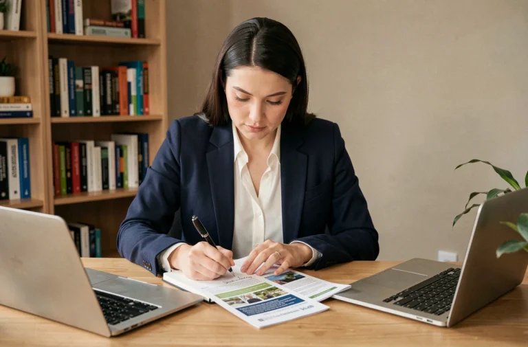 Femme en blazer marine comparant des brochures de formation à son bureau à domicile pour choisir une formation professionnelle adaptée