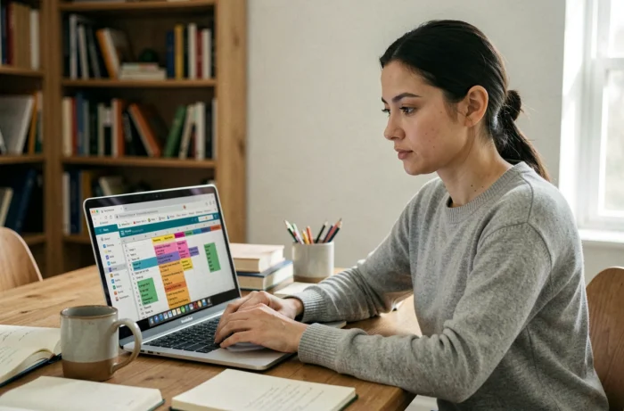 Femme utilisant un outil de collaboration en ligne sur un ordinateur portable dans un bureau à domicile pour remplacer des fichiers Excel