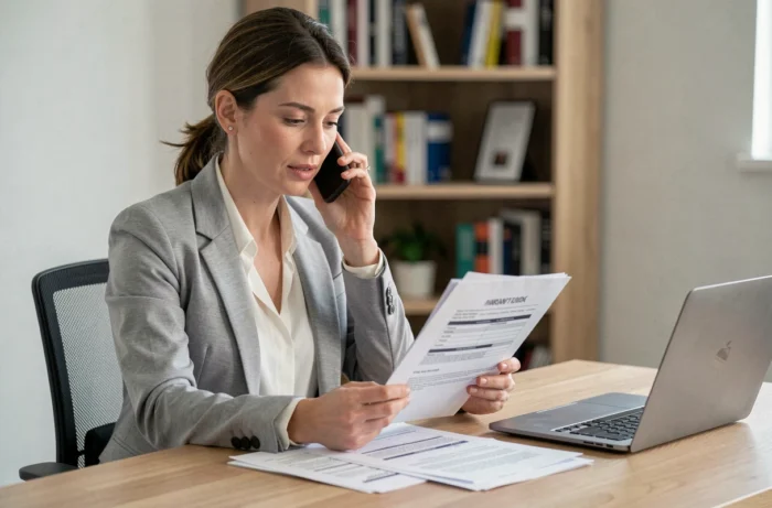 Femme en blazer gris contactant un conseiller crédit par téléphone depuis son bureau à domicile