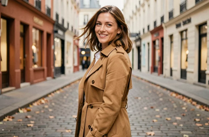 Femme élégante en manteau camel sur une rue pavée parisienne en automne, style mode et tendances quotidiennes
