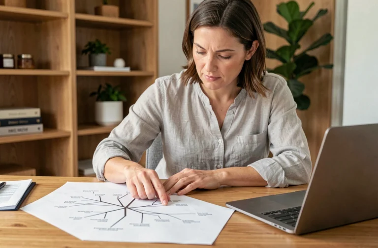 Femme étudiant un plan du site structuré posé sur un bureau en bois dans un bureau à domicile moderne