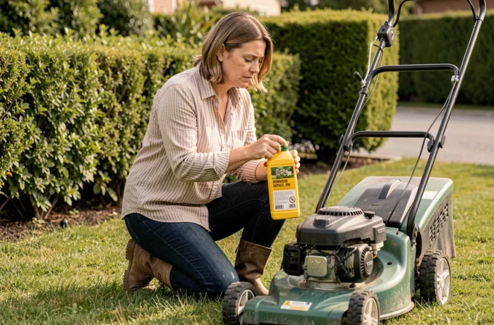Femme lisant les instructions d'un herbicide sélectif à côté de sa tondeuse sur une pelouse de jardin pavillonnaire