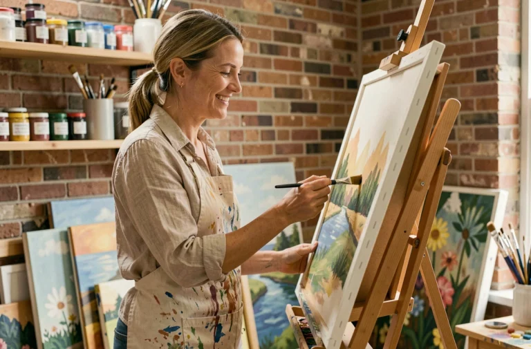 Femme en train de peindre sur toile dans un atelier créatif fait maison, illustrant le plaisir des loisirs artistiques