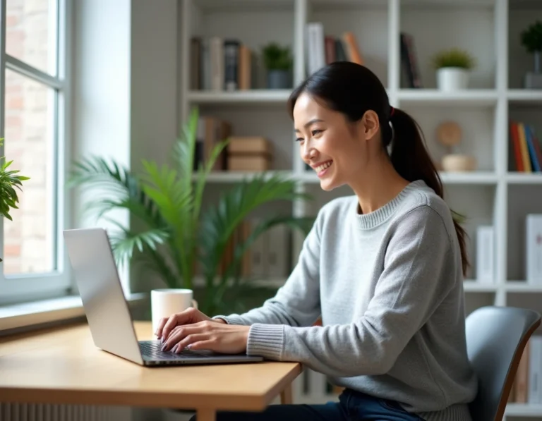 Femme cherchant une voiture sur une plateforme en ligne depuis son bureau à domicile