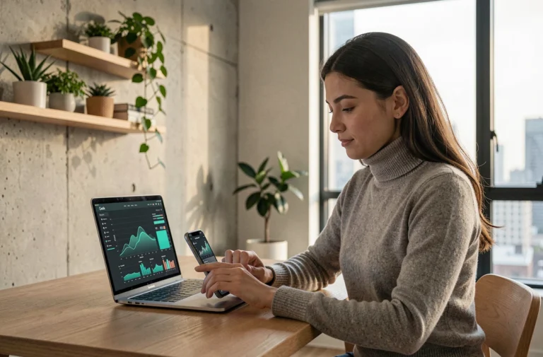 Femme utilisant un smartphone pliable dans un bureau moderne, illustrant les tendances technologiques au quotidien