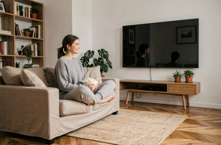 Jeune femme regardant un film en streaming sur son canapé dans un salon moderne et cosy