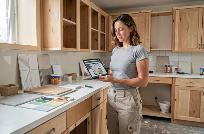 Femme consultant un plan sur tablette numérique dans une cuisine en cours de rénovation avec des meubles non terminés