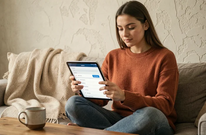 Jeune femme naviguant sur un plan du site digital via une tablette dans un salon chaleureux et moderne