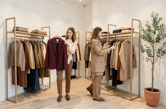 Deux femmes explorant une boutique de mode contemporaine avec des vêtements tendance en tons terreux et textures naturelles