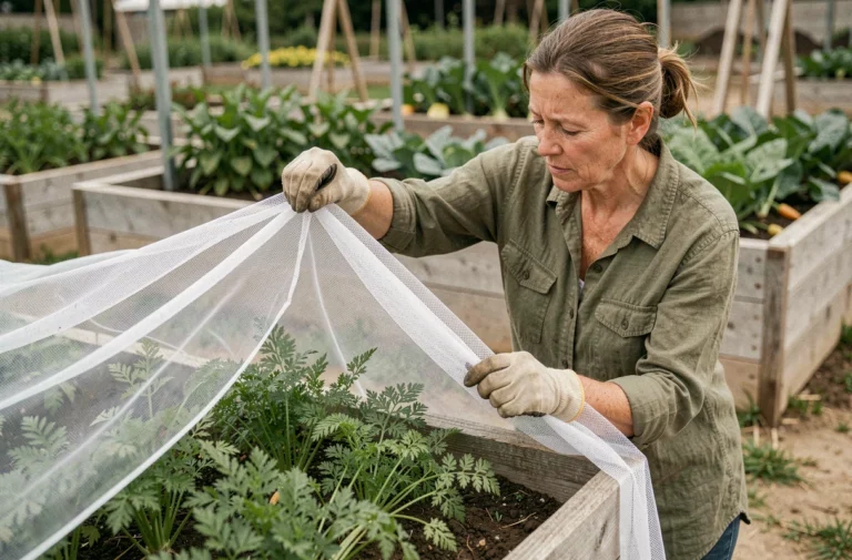 Jardinière soulevant un filet anti-insectes protégeant des carottes dans un potager surélevé